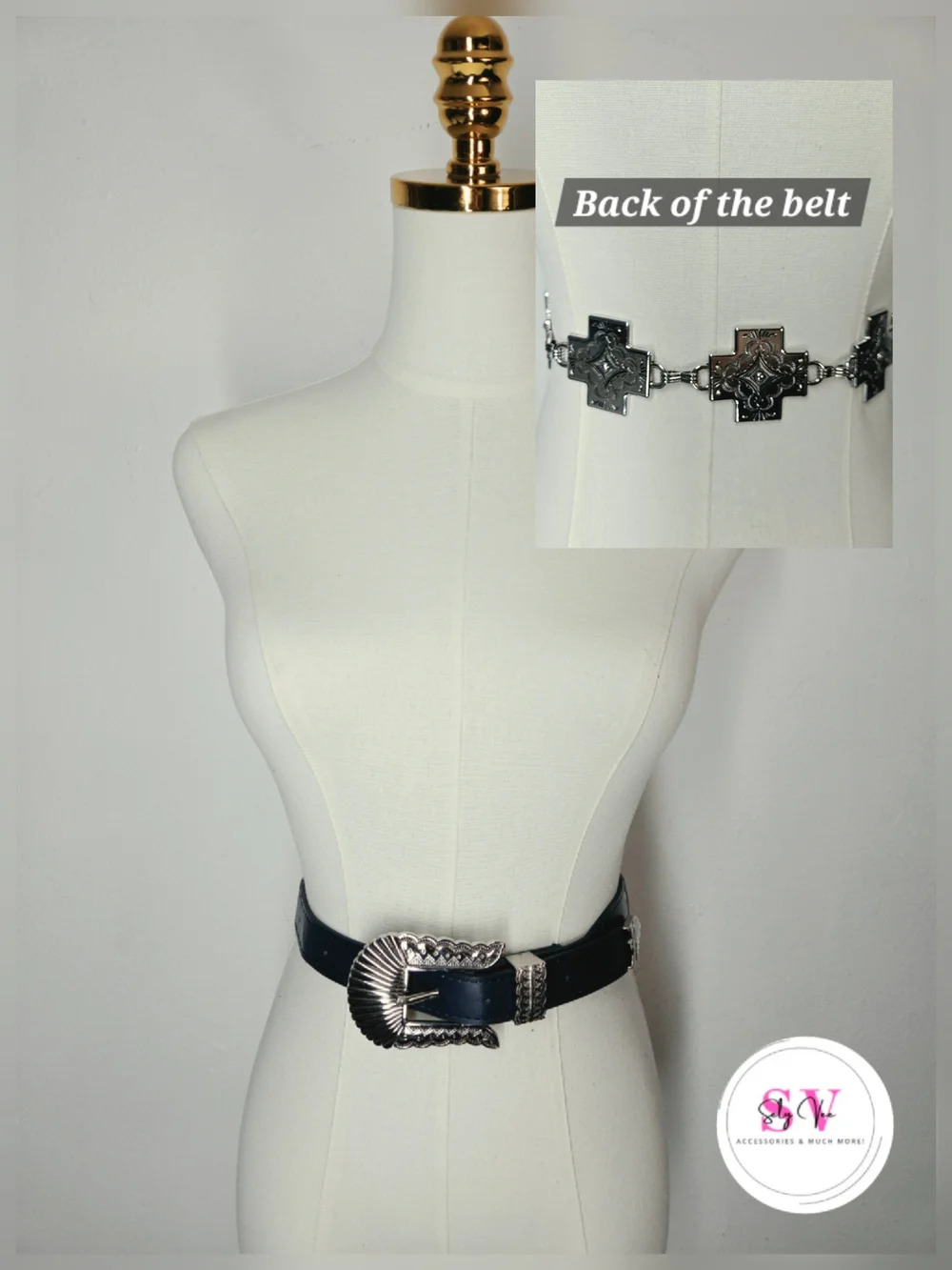 Navy Blue belt with silver buckle and cross decor
